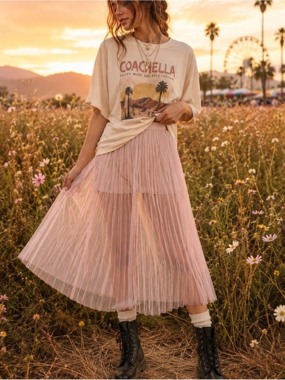 H&M Coachella Women's Pink Pleated Tulle Sheer Maxi Festival Skirt